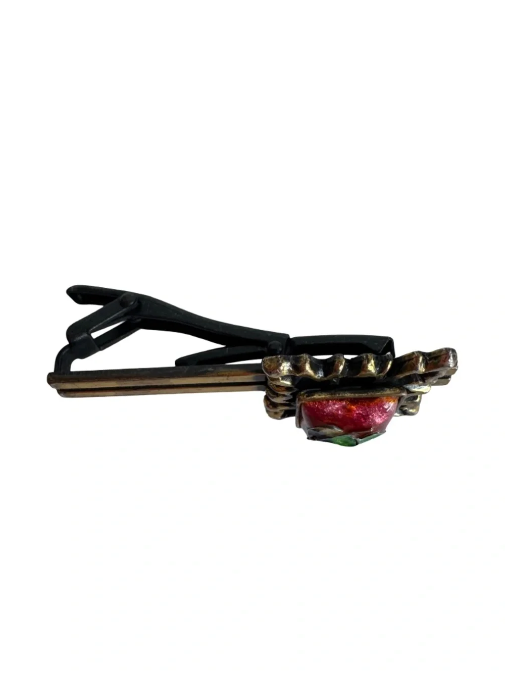 Vintage Japanese Cloisonne Tie Clip Red Green Enamel Floral Ornate Bar 2.25in
